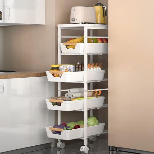 JNUYISW 5 Niveaux Chariot de Rangement, Chariot à Roulettes en Métal avec 4 Tiroir avec un Plateau de Table en Bois Chariot Utilitaire pour Cuisine, Salle de Bain, Salon, Bureau, Petits Espaces