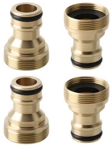 4 PCS Brass Tap Connector Set, Brass Hose Connector Universal Garden Hose Pipe Adapter Metal 3/4 & 1/2 Inch 2-in-1 Female Threaded Faucet Adapter for Kitchen Bathroom Garden Outdoor Hosepipe Fittings