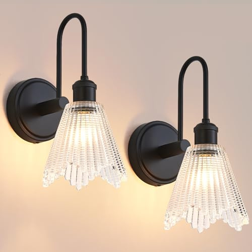 Vikdio Applique a Parete Set di 2, Lampada Vintage Nero con Paralume Lungo in Vetro Trasparente, Plafoniera da Incasso per Camera, Bagno, Soggiorno | Include 2 Lampadine LED