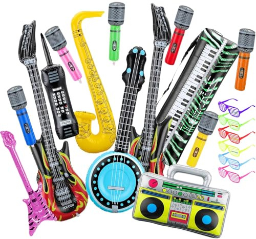 Set di 20 accessori gonfiabili per feste, set di strumenti gonfiabili per bambini, chitarra gonfiabile, sassofono, basso, microfono, radio, tastiera, occhiali per feste a tema anni '80 e '90
