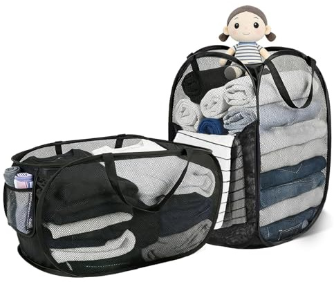 2 Pcs Large Pop Up Laundry Baskets 70–75 L Collapsible Mesh Hampers Black | Breathable Mesh, Portable, Foldable, with Handles & Side Pocket, For Bathroom, Bedroom, Dorm, Camping and Travel