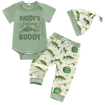 Santikisler Newborn Baby Boy Fishing Outfit Fish Letter print Short Sleeve Romper Jumpsuit and Pants Hat 3Pcs Clothes (Light Green, 0-3 Months)