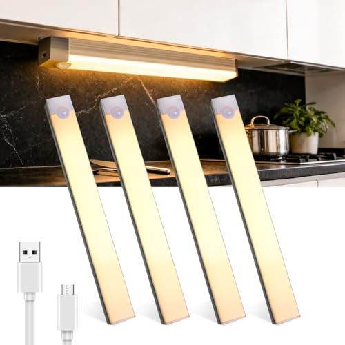 Lamptobe 4 Pezzi Luce Armadio LEDcon Sensore di Movimento,2W USB-C Ricaricabile Magnetica Lampada,21cm Dimmerabile Luce Led Sottopensile per Cucina Scale Soggiorno Bagno,Camere da Letto