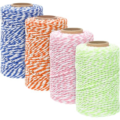 Swpeet 4 rullar 4 färger 1,5mm × 328 fötter bomull tråd sträng kit, grön/rosa/orange/blå blandad vit baker tråd, sträng rep, gåva trådar för present förpackning, jul, hantverk