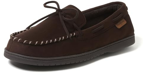 Dearfoams Men's Microsuede Moccasin with Tie Slipper, Chestnut, XL
