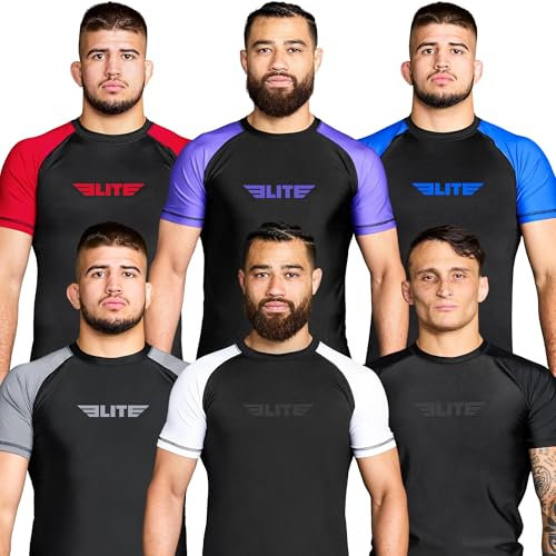 Elite Sports Jiu Jitsu BJJ Rash Guards, Men’s BJJ, No GI, MMA Ranked Short Sleeve Compression Base Layer Rash Guard White