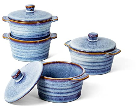 UNICASA 8 oz Ceramic Ramekins with Lid, Mini Casserole Dish with Handles Set of 4, Porcelain Small Baking Dish, Round Small Cocotte Oven Safe, Reactive Glaze (Denim Blue)