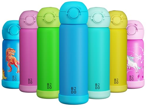 B2DO Dubbelväggig Rostfritt Stål 316 Termosflaska Blå 500ml | Läckagesäker Isolerad Barn Drickflaska för Skolan | BPA-fri Drickflaska med Sugrör för Barn