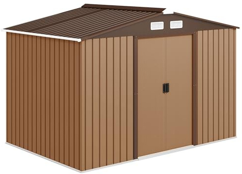 Outsunny Utrustningshus 4,9 m², trädgårdshus med pulttak, skjutdörr, fundament, 277 x 195 x 192 cm, verktygsskjul av galvaniserat stål, väderbeständig, för trädgård, gul