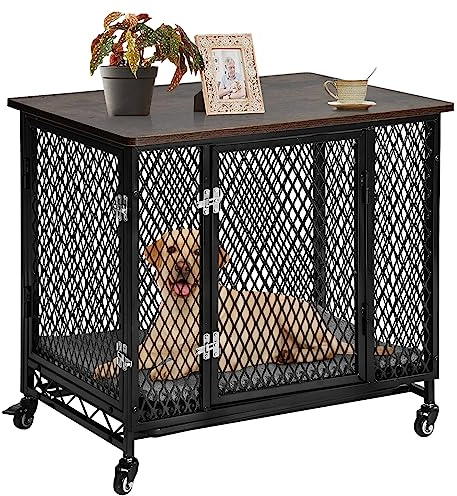 Aivituvin Dog Crate Furniture Movable Side End Table Indoor Dog Kennel for Small Medium Large Dogs Double-Doors Wooden Dog House with Cushion, Tray, Wire Floor (Black, Large)