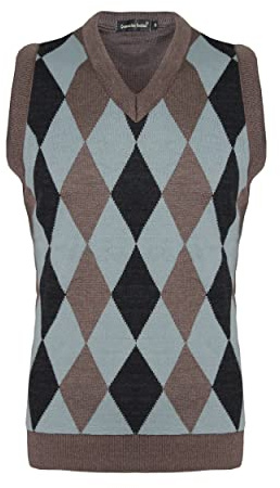 New Men Sleeveless Knitted V-Neck Argyle Pattern Jumper Top Sweater Vest with Ribbed Edge UK Size S M L XL