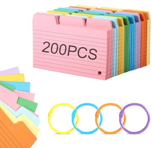 XOUDKE 200 Fiche Bristol Summit Flash Cards,Carte de Révision, Fiche de Revision, Lignées, avec 4 Anneaux de Reliure, pour Étude Mémoire,8.8 x 12.7cm, 8 Couleurs