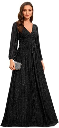 Ever-Pretty Women's Glitter A Line V Neck Pleated Long Sleeve Evening Dress Black 20UK