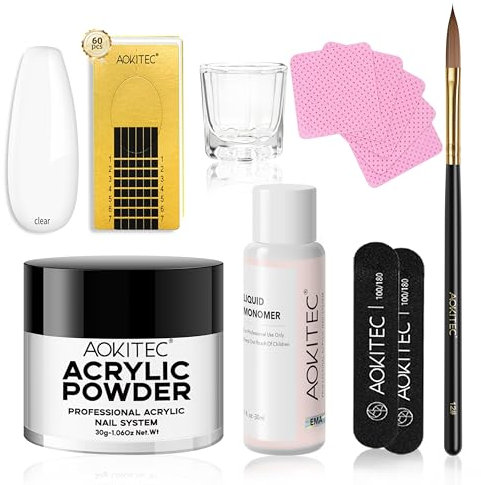 Aokitec Acrylic Nail Kit - 30g Clear Acrylic Powder and Liquid Set with Monomer Nail Art Brush Basic Nail Tools, Portable Nail Set Acrylic Kit for Beginners, DIY Nail Extensions & Carving