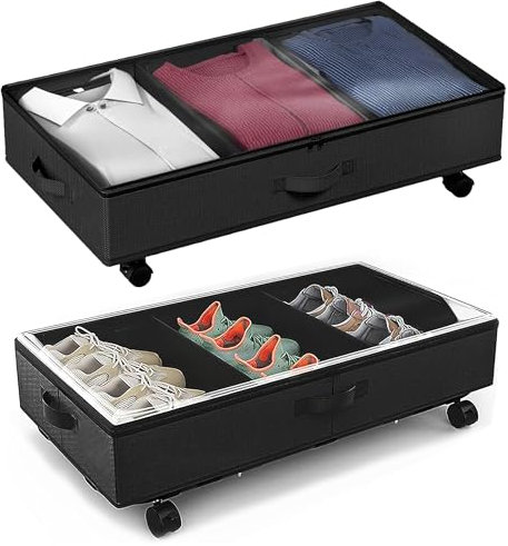 comfortica 2 Pack Under Bed Storage - Underbed Box with Lid – 50L Large Storage Organiser Containers with Wheels Rolling Metal Frame, Storage Bag With Zip For Clothes, Blankets, Shoes, Toys