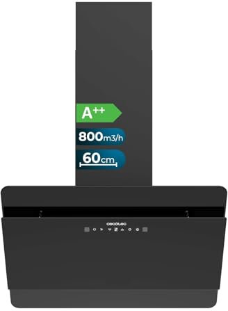 Cecotec Cappa Aspirante Inclinata 60cm Bolero Flux DT 608000 Glass Black A++, Motore 210W, Basso Consumo, Aspirazione 800m3/h, Controllo Tattile, 3 Livelli + Booster, Hand Movement, Vetro Nero