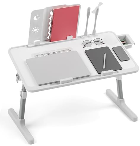 Foldable Laptop Desk, Portable Bed Lap Tray Table with Light & Fan, Adjustable Height Angle Sofa Notebook Stand, Laptop Table for Bed Sofa Breakfast Work Study Reading Grey