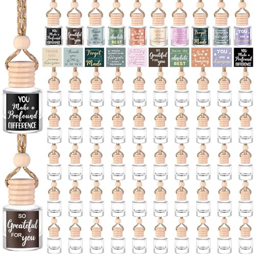 ULELE 50 Pcs Inspirational Empty Car Diffuser Bottles with DIY Appreciation Stickers Glass Air Freshener Bottles Automotive Hanging Perfume Pendant Employee Teacher Appreciation Gift Bulk (Cylinder)
