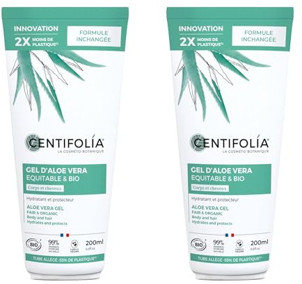 CENTIFOLIA | Gel d’Aloe Vera Bio | Hydrate & Apaise | Absorption Rapide | Gamme Équitable & Bio | Texture Légère | Visage, Corps & Cheveux | 99% Naturel | Fabrique en France | Bio | Lot de 2x200mL