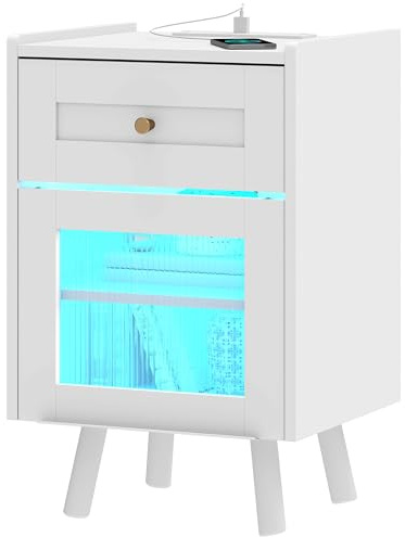 DWVO Modern Nightstand with LED Lights & Charging Station, Bedside Table with Drawer and Adjustable Shelf, Black Storage End Table for Bedroom, Living Room, Office, White