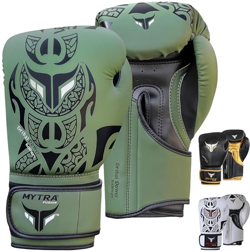 Mytra Fusion guantoni da boxe 10 oz 12 oz 14 oz 16 oz guantoni boxe per l'allenamento di pugni sparring Muay Thai guantoni Uomini e donne guanti boxe (Olive Green, 12-oz)