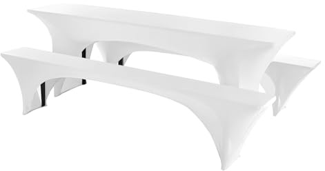 Granbest Stretch Bierzeltgarnitur 50cm oder 70cm Tischbreite Set von 3, Elastisch Biertischhussen, Picknicktisch- und Bankett-Set, Perfekte Passform für Picknicktische & Bänke (220 x 70 cm, Weiß)