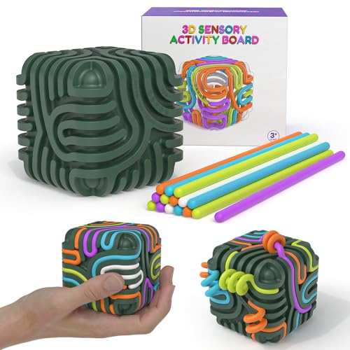 3D Sensorik Activity Cube, Giocattolo Sensoriale Fidget Toys Portatile in Silicone, 6-IN-1 Cube Sensoriale Montessori con 15 Corde, Giochi Sensoriali per Ansia, ADHD e Autismo (Verde)
