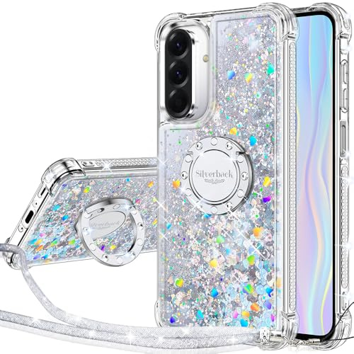 Silverback för Samsung A17 5G fodral, flytande holografiskt glittrande glitterfodral med stativ och snodd, kvinnor, flickor, bling, diamantring, stötsäker, skyddande fodral för Samsung A17 5G - silver