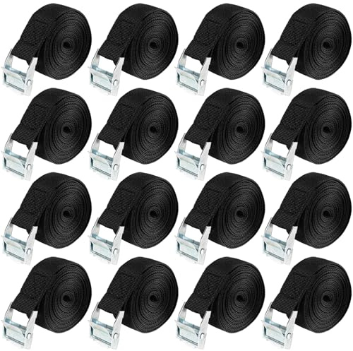 VIDETOL Lot de 16 sangles d'arrimage réglables à cliquet - 2,5 m x 25 mm - Charge maximale : 250 kg - Noir - Pour colis de bagages, transport, cargaison, camping