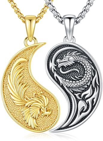 REDSUN Yin Yang, collana in argento sterling 925, Yin Yang, con drago, fenice, coppia, per lui e per lei, ciondolo a forma di drago, regalo per donne, uomini, coppie, partner, compleanno, San