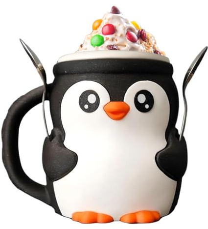 Penguin Ice Cream Pint Holder, Ice Cream Cup Holder with Anti Freeze Handle & 2 Spoons, ICES Creams Stand Tub with Secret Drawer, Built in Spoon Holders, Suitable for Froze Desserts