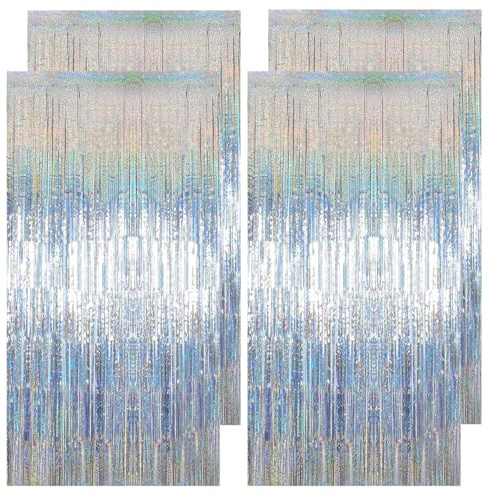 4 Piezas Cortinas Metálicas Plata, 1 X 2m Cortinas de Espumillón, Oropel Franjas Decoración Fondo, Cortinas De Decoración De Fiesta, Cortina De Papel De Aluminio Para Cumpleaños, Bodas, Fiestas