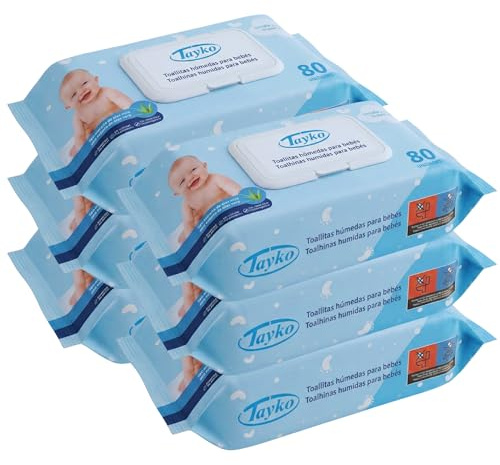 Tayko Toallitas ultrasuaves, 480 Toallitas para Bebé con Aloe Vera e Hipoalergénicas, Sin Alcohol y con Tapa Rígida, Toallitas Húmedas para Piel Sensible (6 paquetes de 80 unidades)