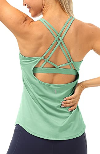 icyzone Women's Workout Tank Tops Built in Bra - Strappy Sports Yoga Tops, Running Exercise Gym Shirts (M, Brook Green)