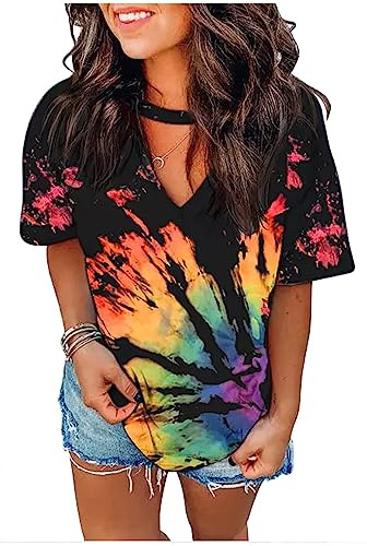 Sexy V Neck T Shirts for Women Tie Dye Hollow Out Blouse Tops Summer Loose Casual Shirt Country Music Graphic Tee Shirts, Rainbow, M