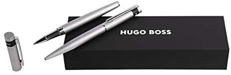 Hugo Boss Schreib-Set Loop Diamond Chrome Kugelschreiber & Tintenroller aus Messing hergestellt, Farbe: Pastellgrau/Silber, Abmessungen: 200 x 62 x 34 mm, HPBR367B