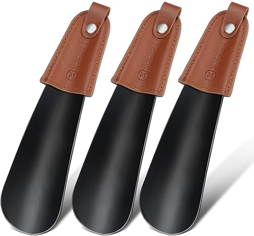 ZOMAKE Mini Schuhlöffel Klein Metall - Kurz Schuhanzieher Edelstahl Shoe Horn 17cm,3er Pack Kleiner Schuhlöffel mit Ledergriff(Schwarz)
