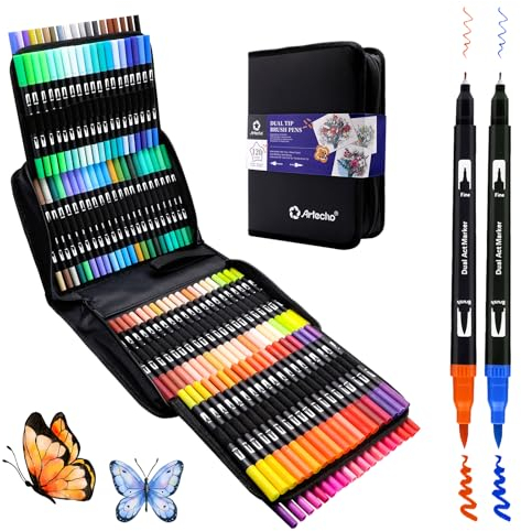 Artecho Dual Brush Pen Set 120 Farben mit Schwarzer Tragetasche, Filzstifte Dicke und Dünne, Pinselstifte set, Stifte für Bullet journal, Kalligraphie, Manga, Malbücher und Handlettering