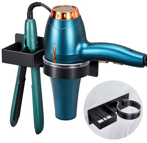 YYBO Hairdryer and Straightener Holder, Hair Dryer Holders Hair Straighteners Holder Wall Mount, Hairdryer Holder Station, Bathroom Hair Tools Organiser Adhesive Hair Dryer Stand (Black)