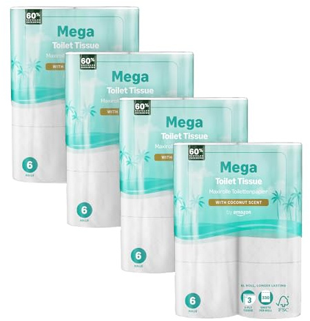 by Amazon Mega Toilet Roll, 3 ply, 24 Rolls, with Coconut Scent, 4 Packs of 6 Rolls, 330 Sheets per Roll