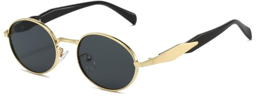 YAMEIZE Retro Oval Gold Sunglasses Women Men Small Round Sunglasses Vintage 90s Sun Glasses Metal Frame UV400 (Gold Black)
