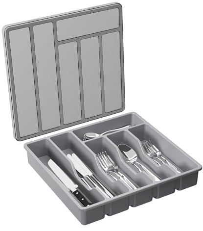Range Couvert, Range-couvert avec Couvercle, Boîte de Rangement Couverts pour Tiroir Cuisine et Comptoir, Organisateur en Plastique, 6 Compartiments - Cuillère Fourchette Couteaux Grand Noir (Grizzly)