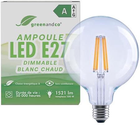 greenandco Ampoule à filament LED | transparente | dimmable | E27 G125 | 7,2W 1521lm | remplace 100W | 3000K blanc chaud | 320° | 230V | sans scintillement | Classe énergétique A
