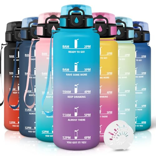 Motswedi Gourde 1,5l, Anti-Fuite, Gourde Sport, avec Marqueur de Temps, Bouteille d'eau, Réutilisable, Bouteille, pour Sport, Randonnée, Yoga, Fitness, Bleu Violet