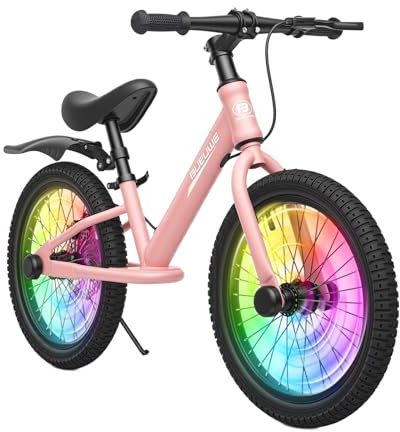 GASLIKE Springcykel 16 tum från 5–8 år för stora barn, barnbalanscykel med broms, sadel justerbar höjd och pneumatiska däck, kolstålram med stativ, barncykel för pojkar och flickor (ljusrosa)