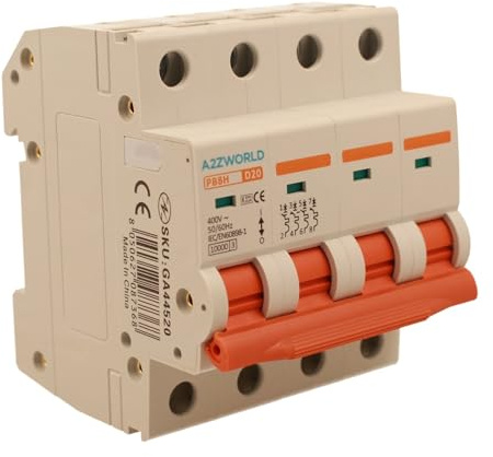 Interrupteur magnétothermique triphasé 4P 20A D20, courbe D 10 kA, 4 modules DIN 380 V AC, certifié IEC60898-1, série PB8H professionnelle