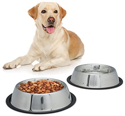 Relaxdays Set 2x Gamelles Chiens Écuelles Eau Bol Croquette & Pâtée Antidérapant Inox Antirouille Taille L Argenté
