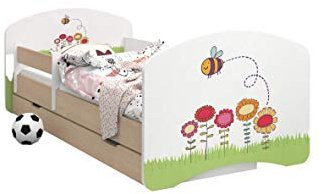 Happy Babies – dubbelsidig barnsäng med utdragslåda modern design med säkra kanter och fallskydd skummadrass 7 cm lätt glödlampa (bin, 190/90)