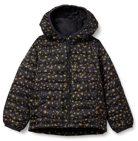 Amazon Essentials Doudoune à Capuche Légère, Paquetable et Résistante à L’Eau Fille, Noir Étoiles, 9 Ans