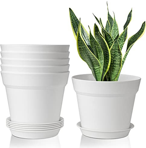 T4U 6Pcs Pot de Fleur Blanc de 20 cm en Plastique, Pot de Terre avec Trou d'échappement Convient aux Jardins, Balcon Extérieurs Intérieurs